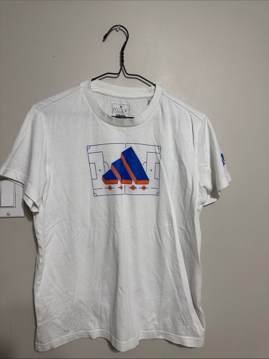 adidas Tops - adidas White Short Sleeve Tee with Blue & Orange Trefoil Graphic